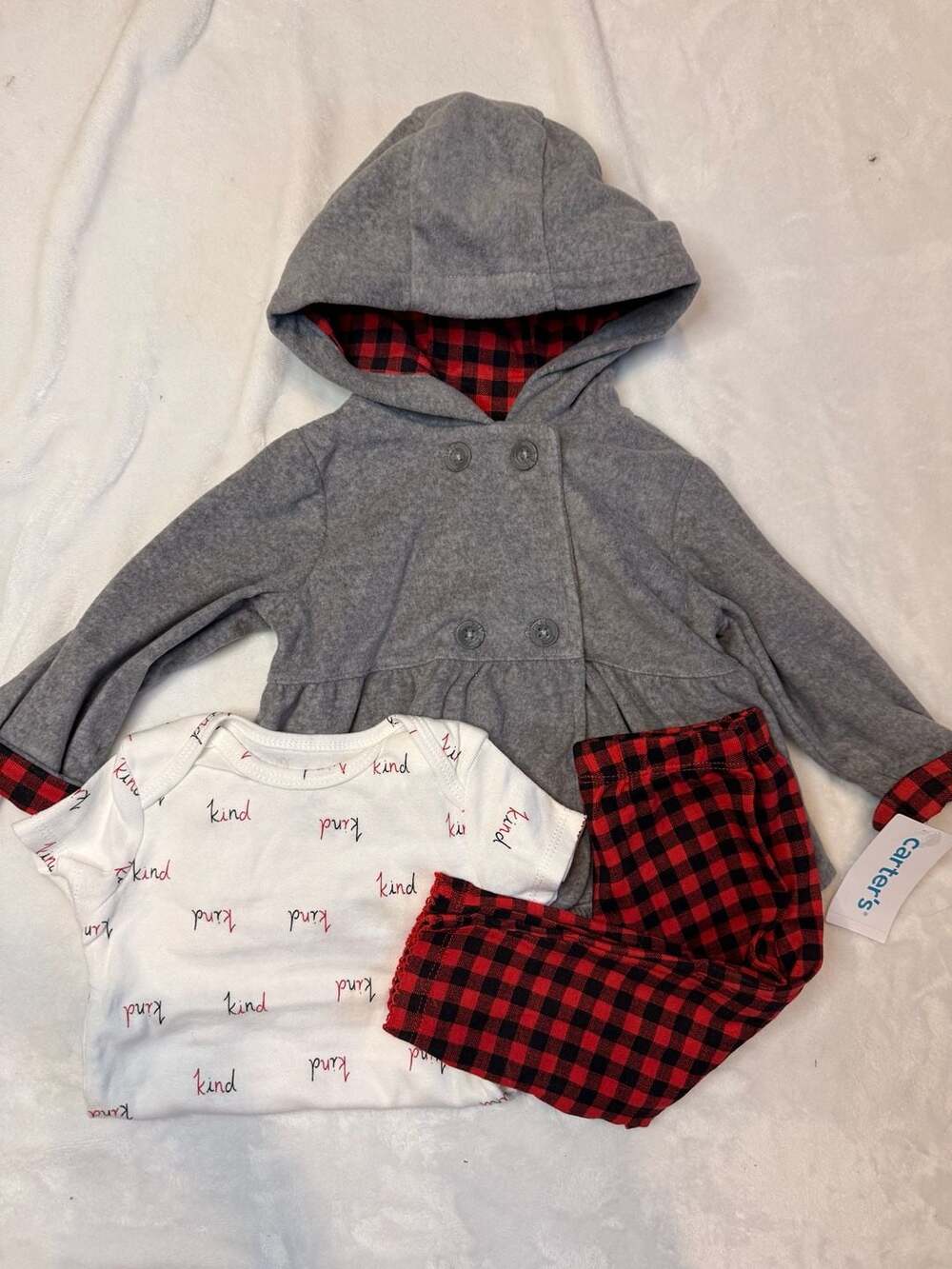 Carter's Baby Girl 3-Piece Set with Gray Hooded Fleece Jacket, 'Kind' Bodysuit,